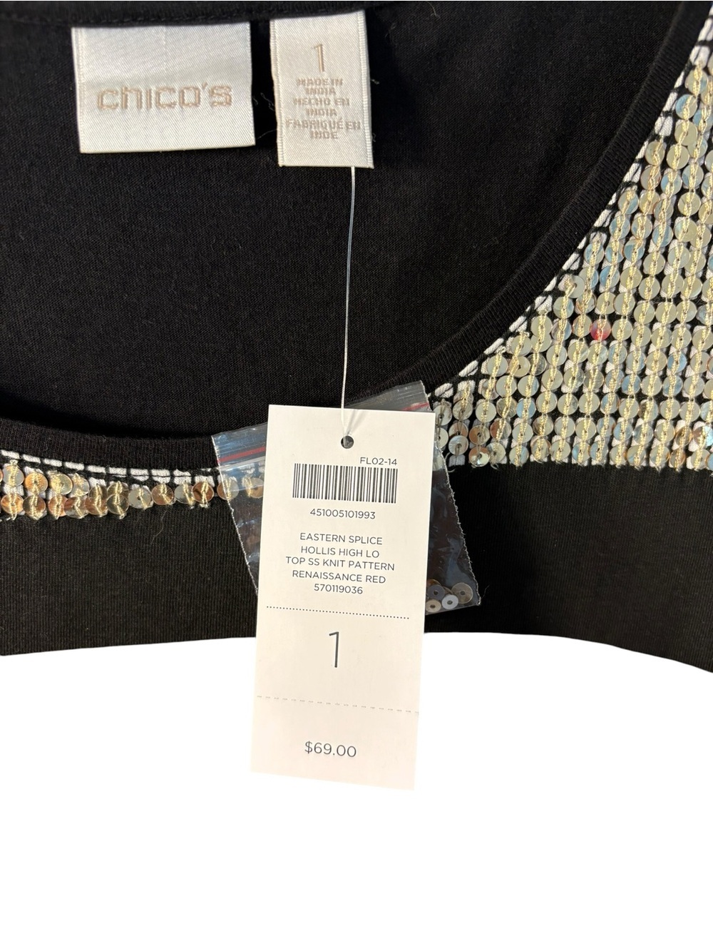 Chico's Short Sleeve Mixed-Print Top - Red, Black & Gold - Picture 5 of 6